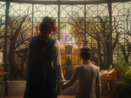 A young Picard and his mother observing the painted windows in the solarium which have taken on sinister and scary shapes