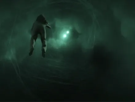 Deanna Troi floating in a hazy green fog with two bright lights in the distance