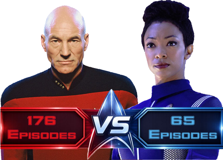 Captain Picard and Michael Burnham with labels '176 episodes vs. 65 episodes'