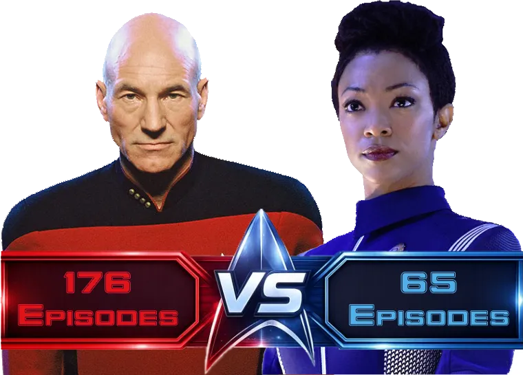 Captain Picard and Michael Burnham with labels '176 episodes vs. 65 episodes'