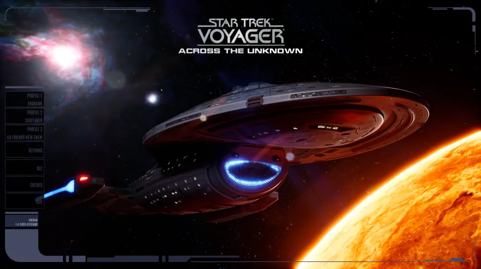 The title screen of 'Across the Unknown', featuring the USS Voyager