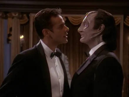 Dr. Bashir and Garak, wearing tuxedoes