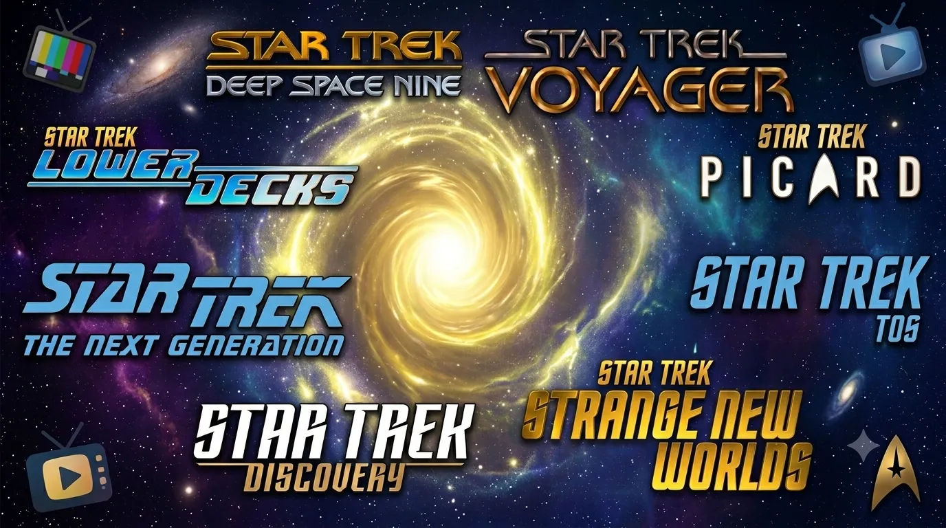 A spiraling vortex in space with names of several Star Trek shows swirling around it