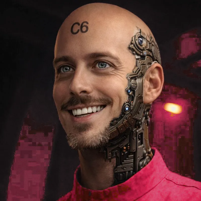 a smiling, pale-skinned android with C6 tattooed to his forehead