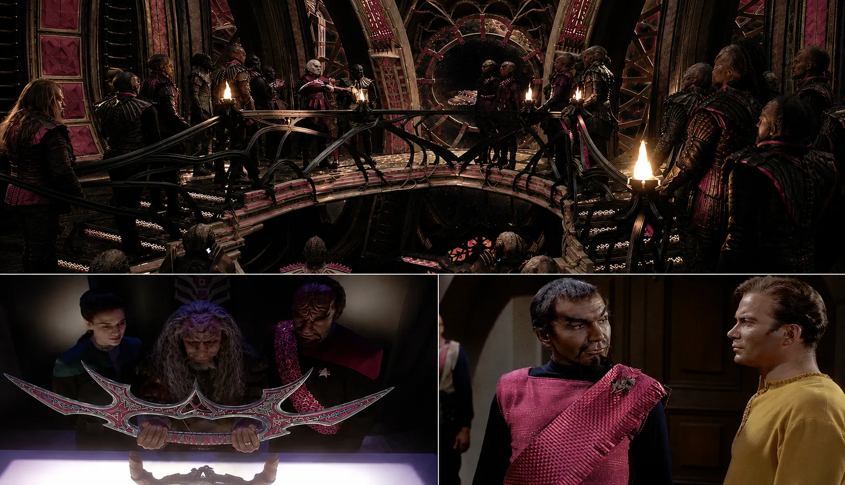 A collage of three photos: on top, the Klingon sarcophagus ship bridge adorned in pink; on bottom-left, Dax, Worf, and Kor looking at the Sword of Kahless, crafted from a mix of pink and grey alloys; on the bottom-right, Kirk speaking with Kor who is wearing a pink uniform
