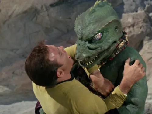 Kirk fighting a Gorn, which in this case is a man in a terrible rubber suit