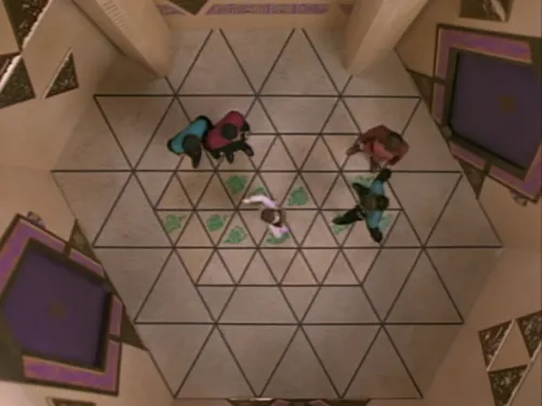 Bashir, Sisko, Kira, and Dax observing a little girl playing hopscotch