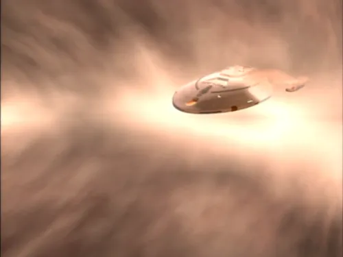 The USS Voyager being swept away by an enormous anomaly