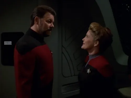 Commander Riker and Captain Janeway in Voyager's conference room