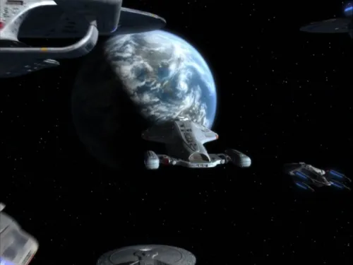 The USS Voyager being escorted to Earth by several other Starfleet ships
