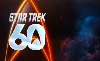 A Starfleet delta highlighted in orange light, with the 'Star Trek 60' logo superimposed