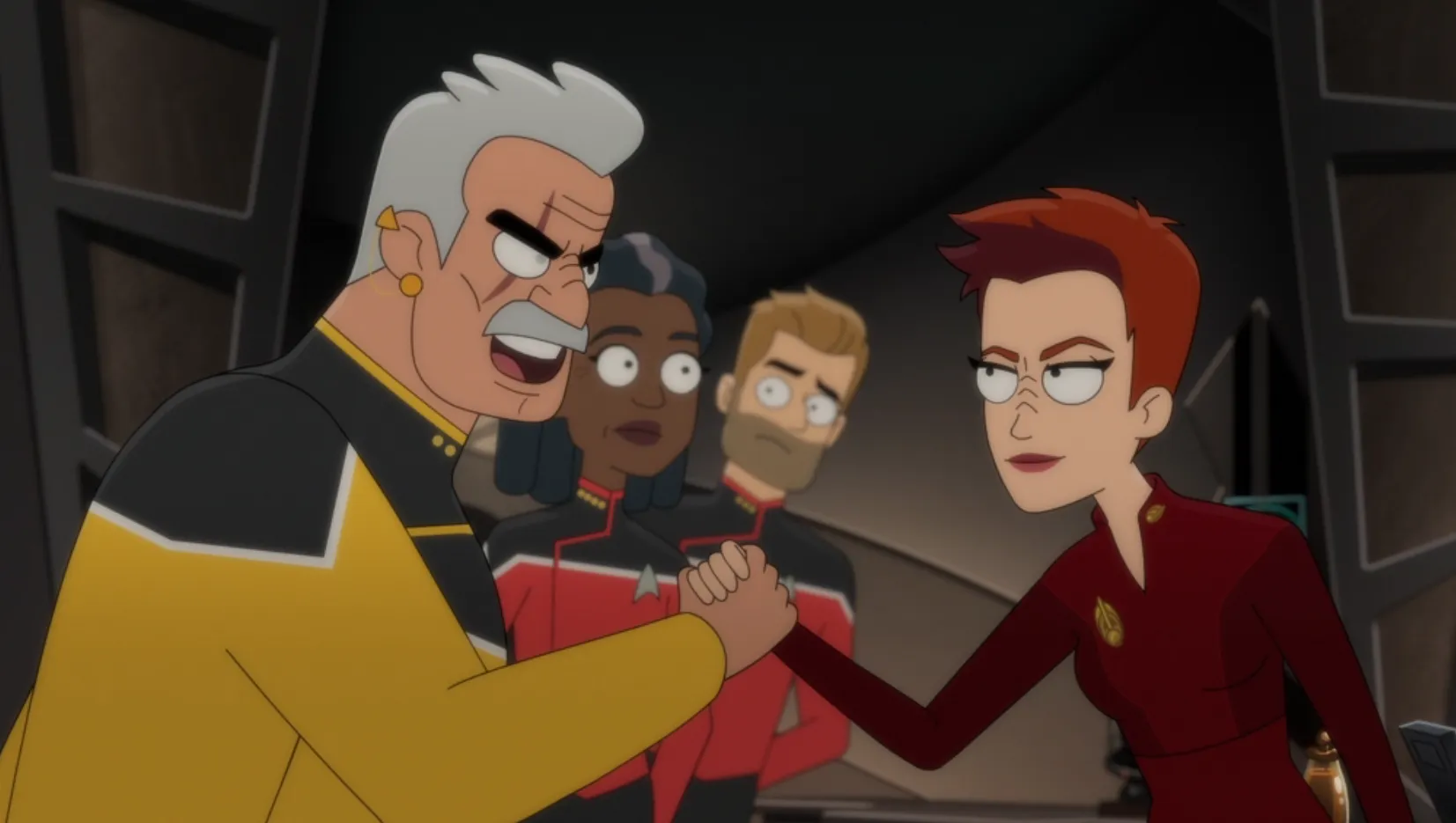 Kira shaking hands with Shaxs while Freeman and Ransom observe