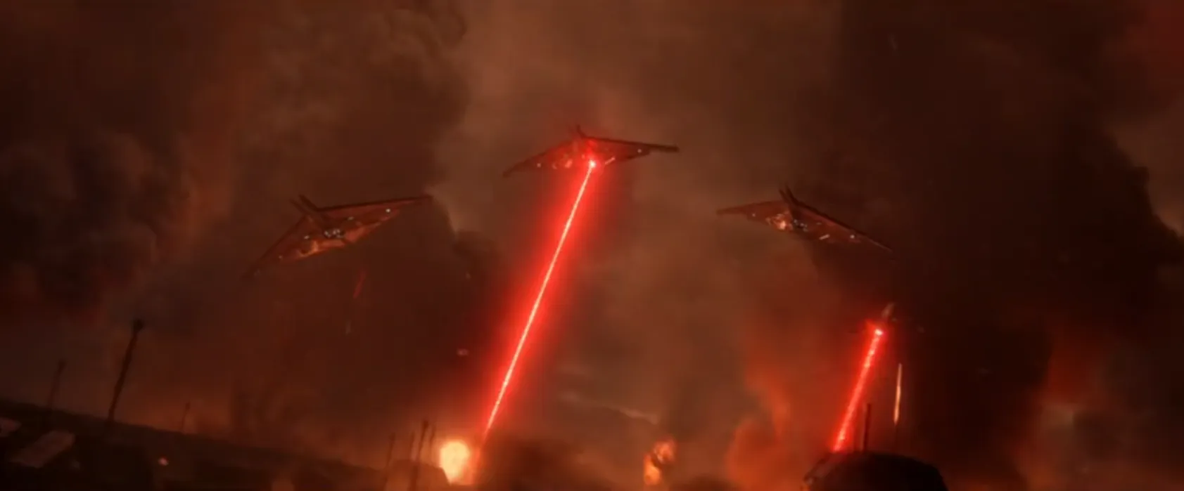 Several ships firing weapons onto the surface of Mars