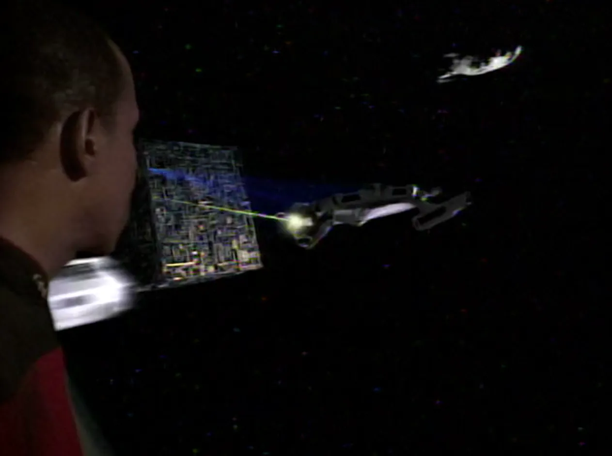 Sisko witnessing the destruction of his ship at the hands of the Borg