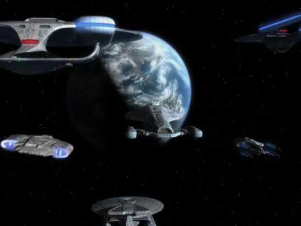 Voyager heading toward Earth with several other Starfleet vessels escorting it