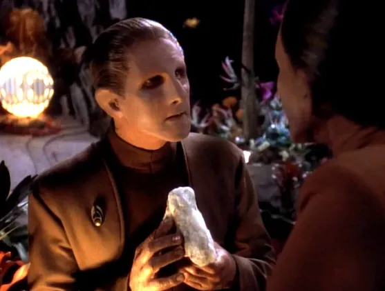 Odo speaking with a female Changeling in a garden