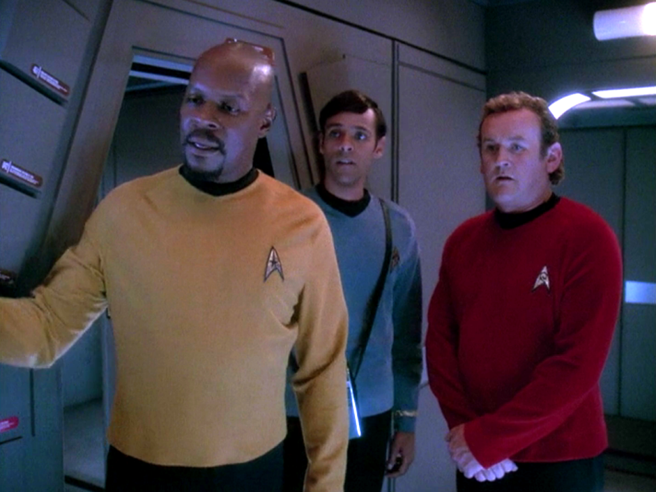 Sisko, Bashir, and O'Brien wearing Kirk-era Starfleet uniforms