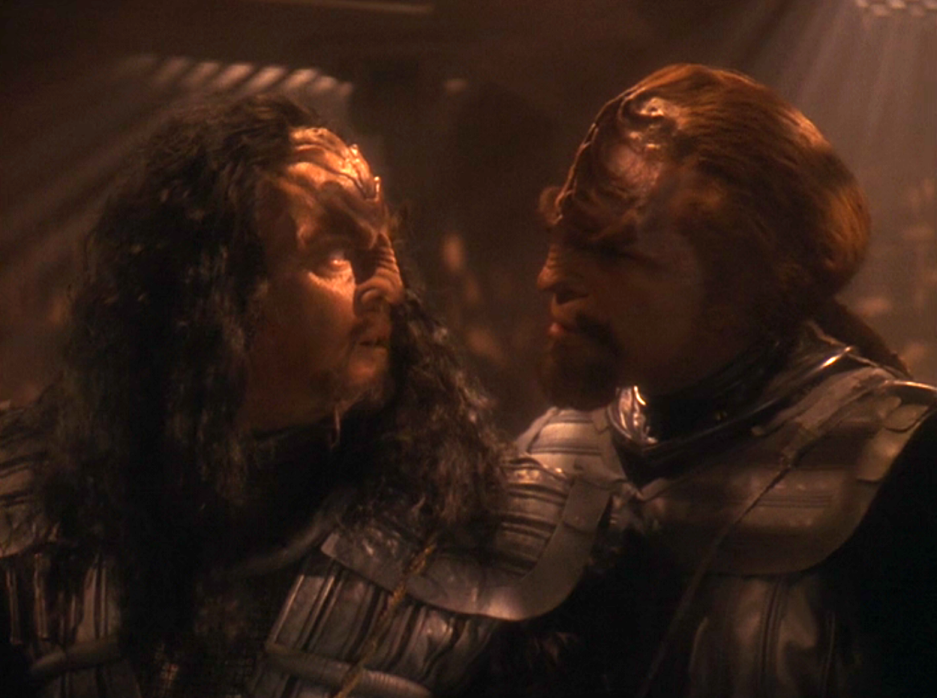 Worf and Martok standing eye-to-eye