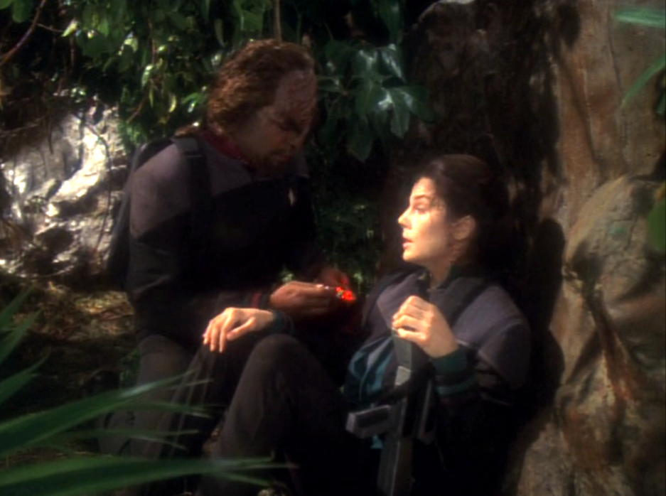 Worf tending to an injured Dax in a dense forest