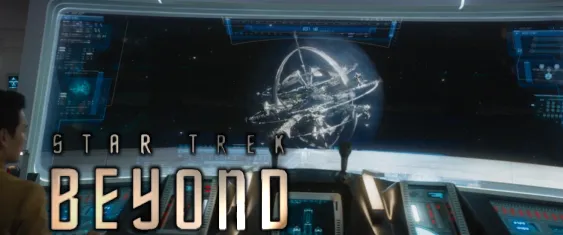 A large spherical space station called Yorktown on the viewscreen of the Enterprise bridge