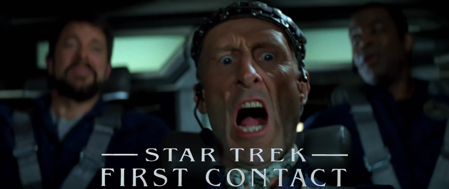 Zefram Cochrane in the Phoenix cockpit, screaming as they jump to warp