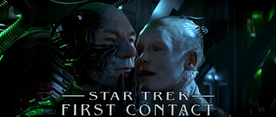 Picard as Locutus, and the Borg Queen standing together