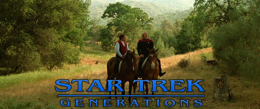 Picard and Kirk, riding horses, having a conversation in an open field