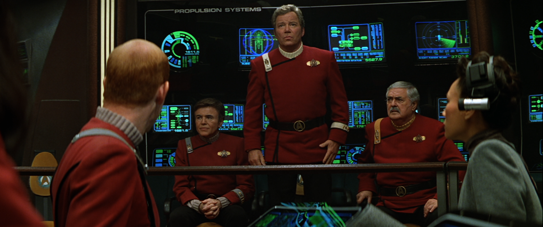 Kirk, Scotty, and Chekov on the bridge of the Enterprise-B