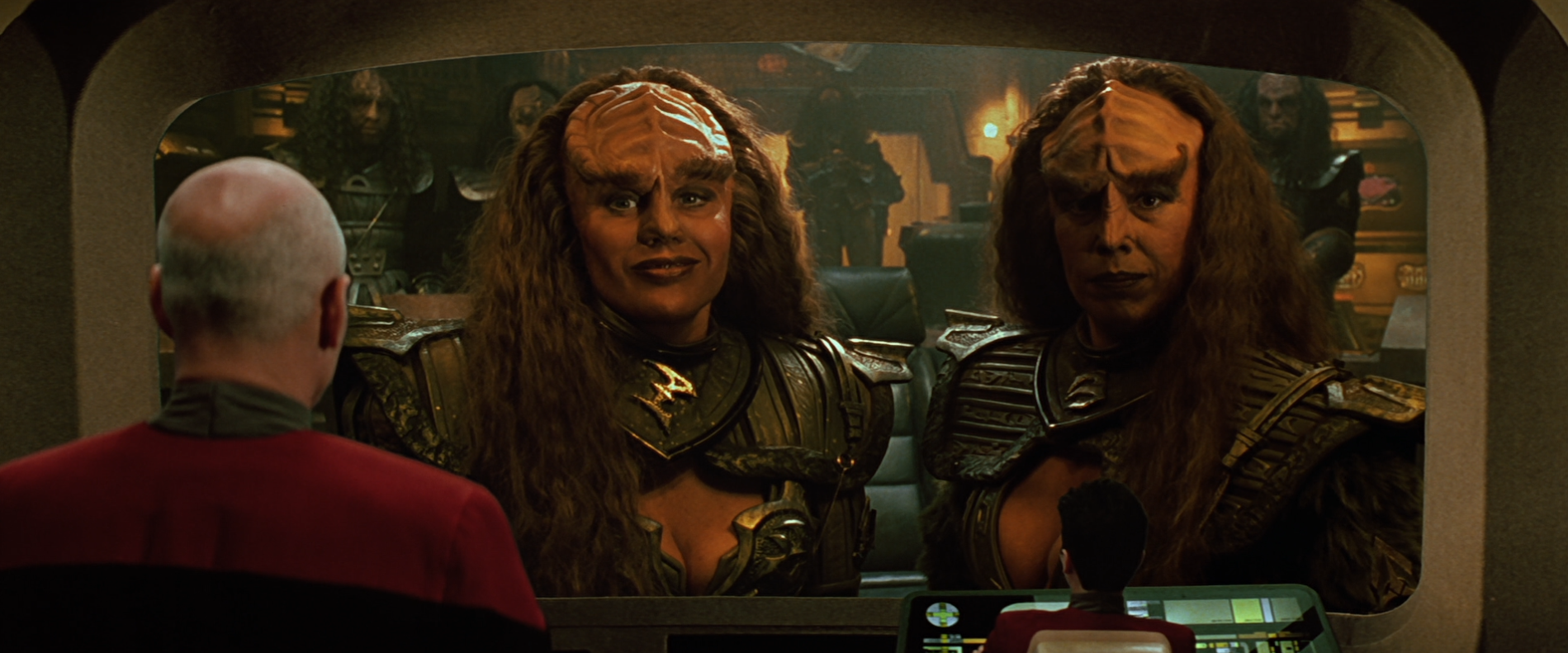 Picard speaking with the Duras sisters on the Enterprise viewscreen
