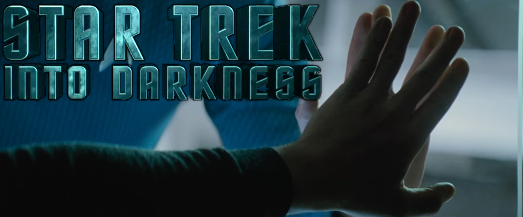 Two people touching hands in the shape of the Vulcan salute with a glass barrier in between them