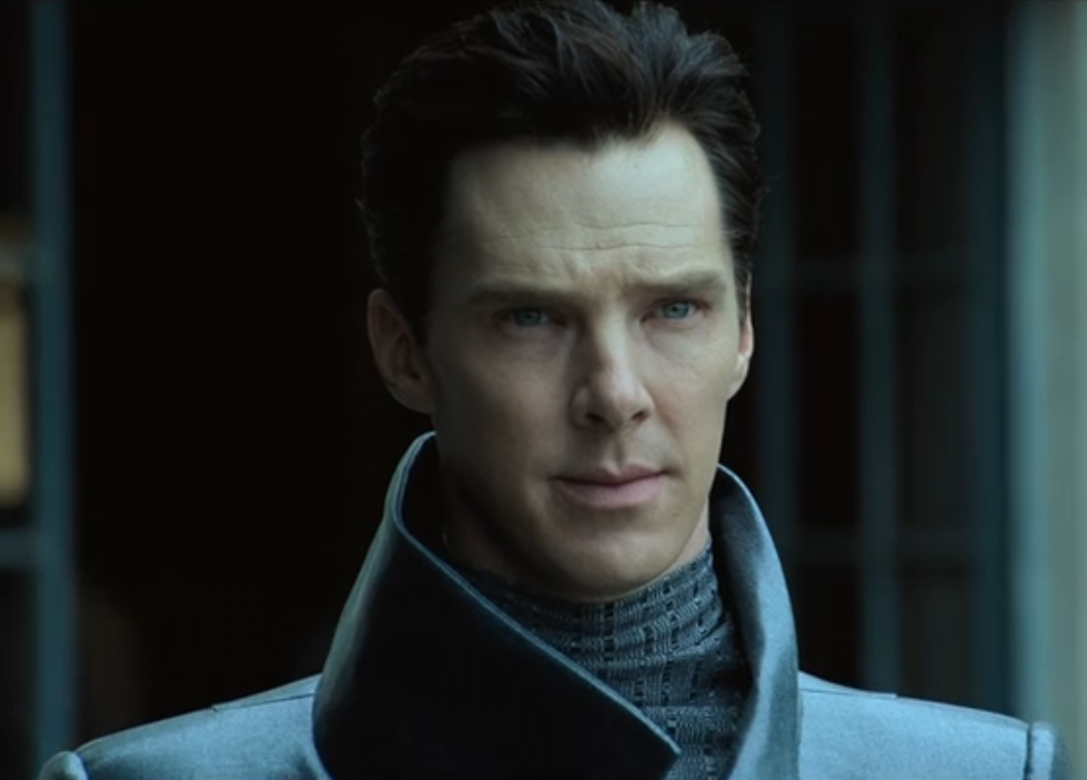 Benedict Cumberbatch, as Khan Noonien Singh, wearing a jacket with a high collar