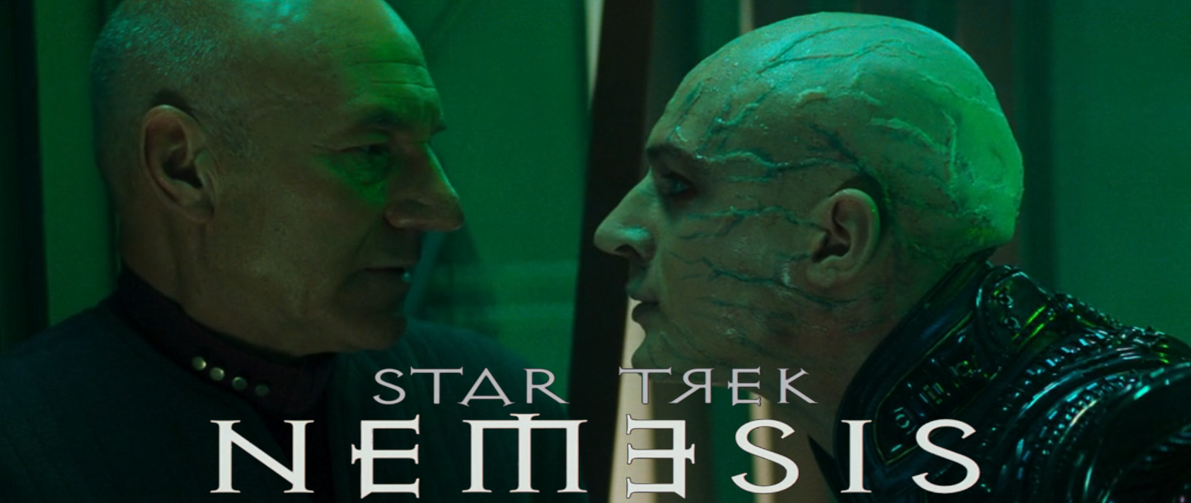 A photo of an ill-looking Shinzon staring Picard directly in the eyes