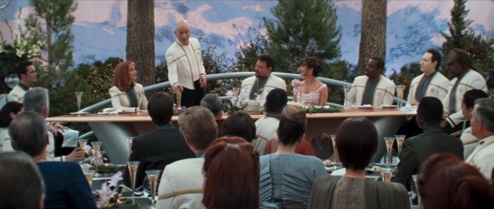 An image of Picard giving the best man's speech at Will and Deanna's wedding reception
