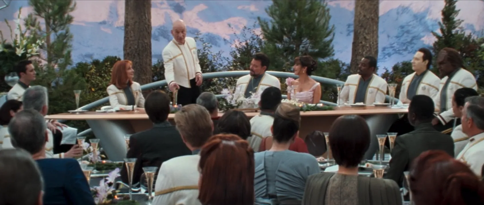 An image of Picard giving the best man's speech at Will and Deanna's wedding reception