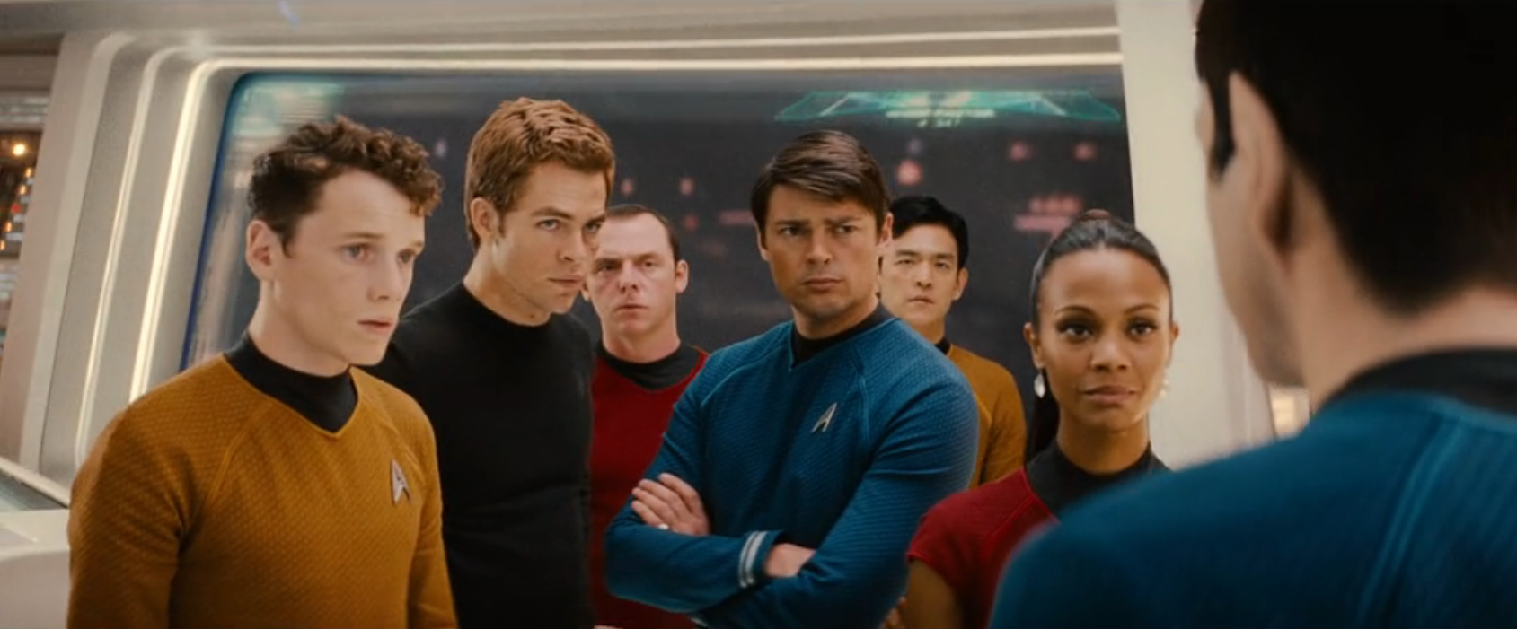 The crew assembled on the bridge as Spock relays orders