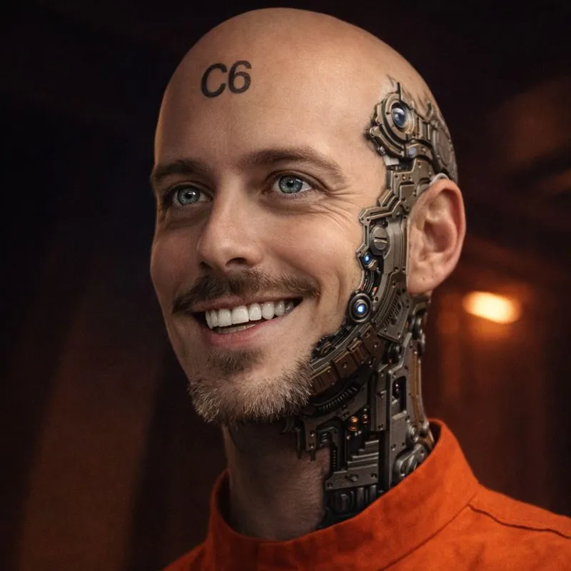 a smiling, pale-skinned android with C6 tattooed to his forehead