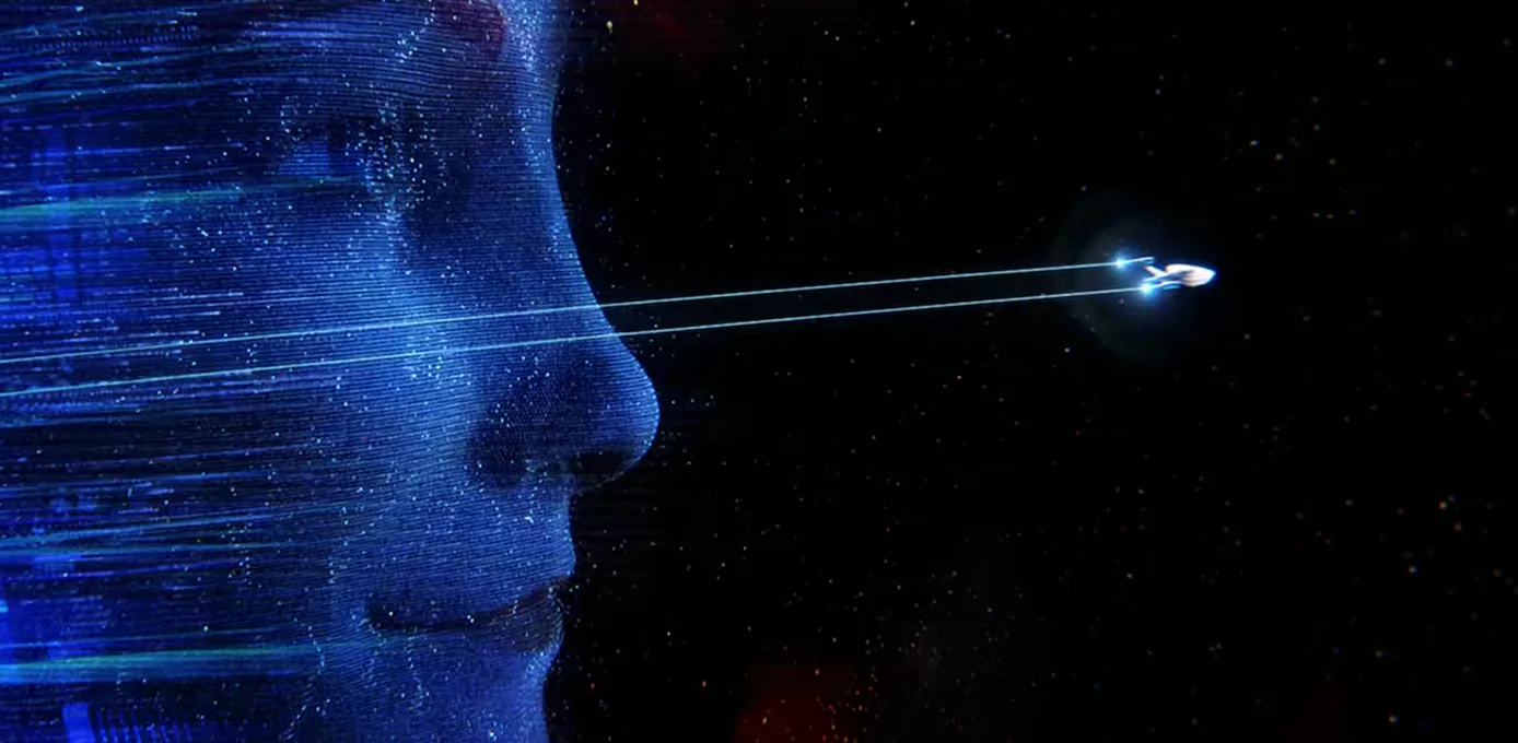 a profile view of Kathryn Janeway watching the USS Protostar