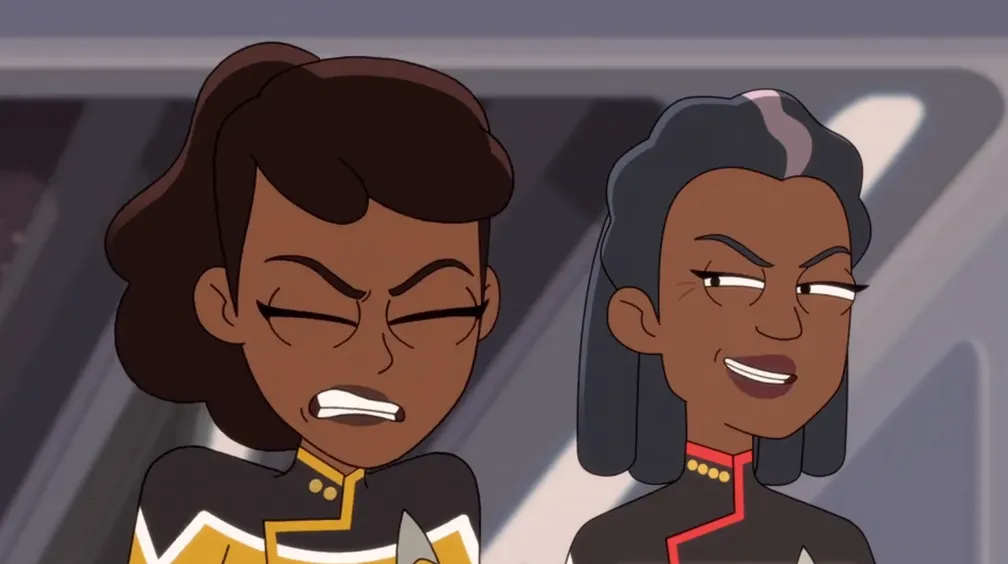 Freeman looking on with mischievous joy as Mariner, wearing a lieutenant's uniform, cringes