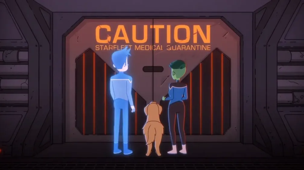 Tendi, her dog, and a glowing Boimler standing in front of a heavy door labeled 'CAUTION STARFLEET MEDICAL QUARANTINE'