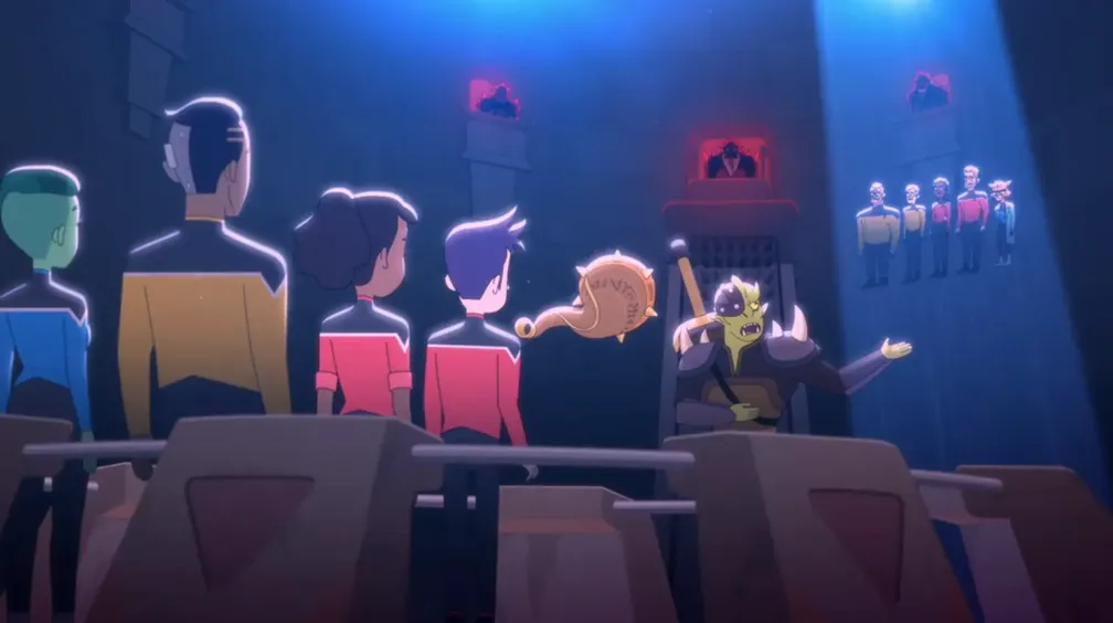 Boimler, Mariner, Rutherford, and Tendi being interrogated in an ominous courtroom while their senior officers are suspended in a beam of light