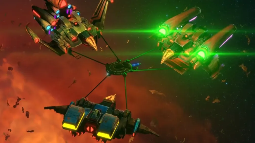 Three strange ships surrounding the Cerritos and holding it with grappling arms