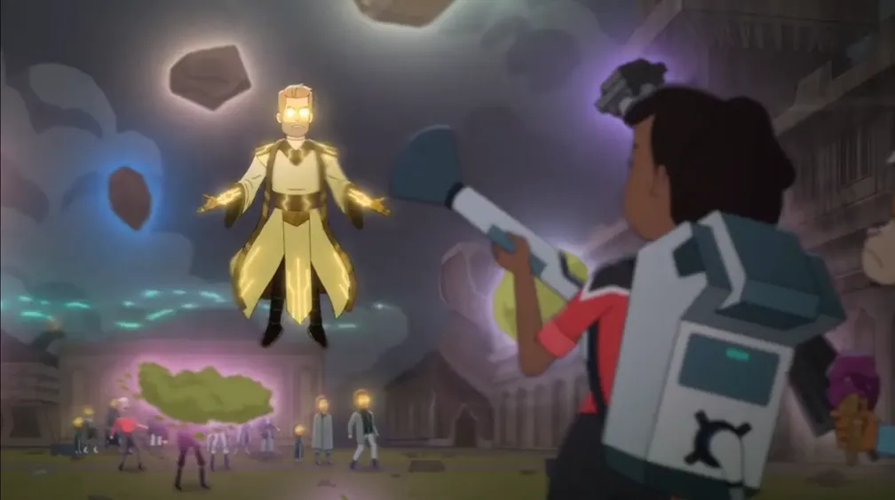 Mariner pointing some sort of backpack cleaning-device at a levitating Ransom with glowing eyes