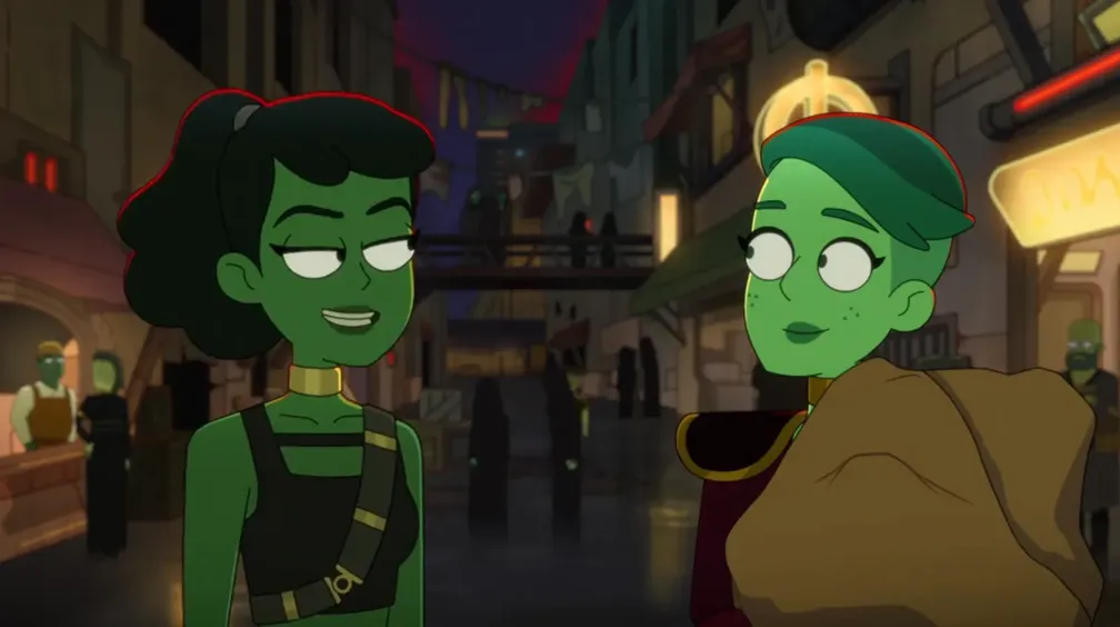 Tendi and a green-skinned Mariner walking down a street on the Orion homeworld