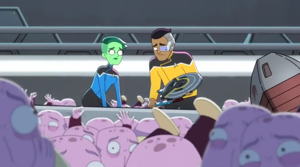 Tendi and Rutherford seeking safety on top of a shuttlecraft among a sea of duplicating Dooplers