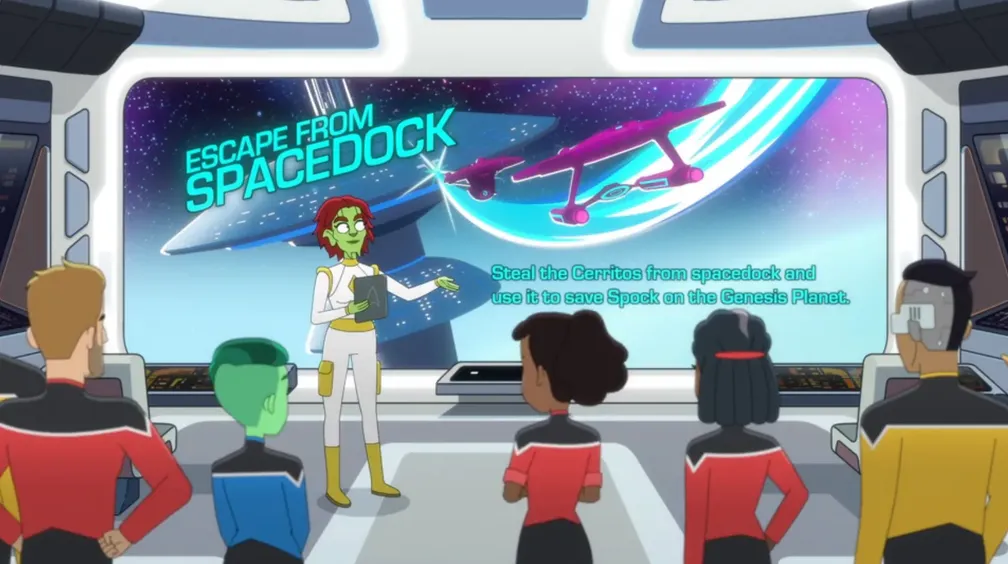 A Pandronian instructor presenting the crew with their next simulation: Escape from Spacedock