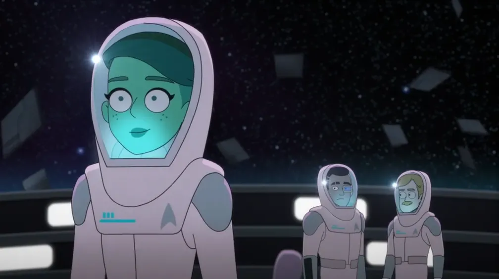 Tendi, Rutherford, and Billups in spacesuits on the hull of the ship as they are detaching hull panels