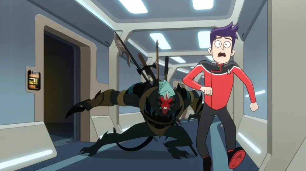 Boimler being chased through the ship's corridors by a scary-looking assailant carrying numerous sharp weapons