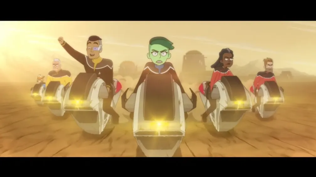 Tendi, Rutherford, and several of the senior staff riding hoverbikes across an arid landscape