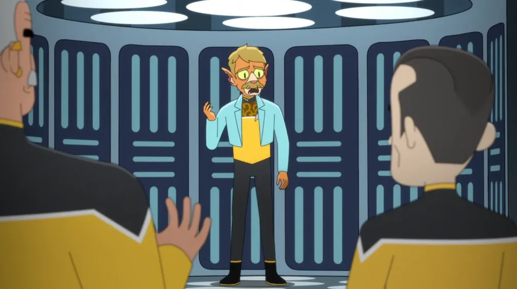 A merged hybrid of Billups and T'Ana standing on the transporter pad looking very confused