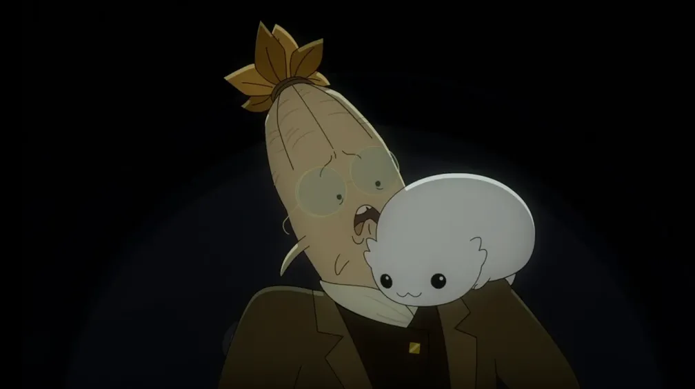 A plant-like humanoid looking terrified as an adorable-looking moopsy has just landed on his shoulder